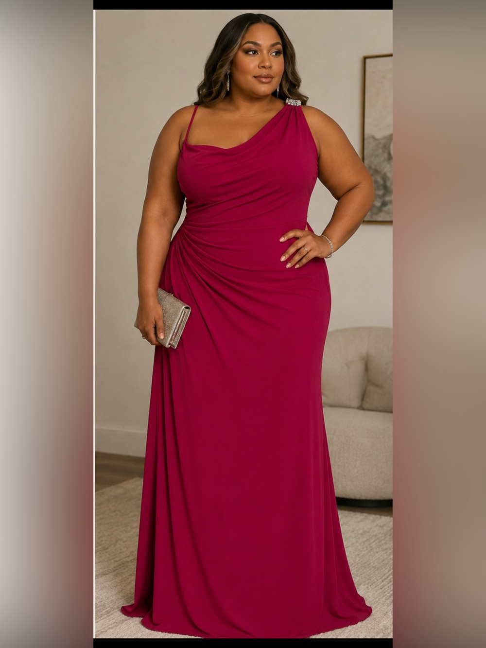 Ralph Lauren One-Shoulder Ruched Jewel-Tone Gown